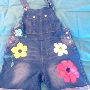 Flowery Denim Short Overalls Dungarees